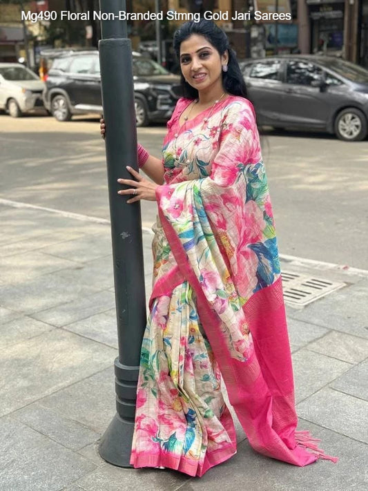 Mg490 Floral Non-Branded Stmng Gold Jari Sarees