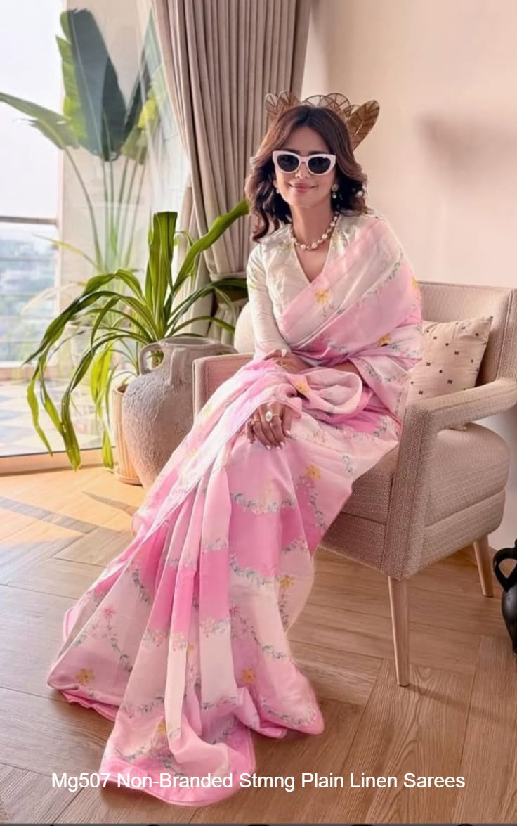 Mg507 Non-Branded Stmng Plain Linen Sarees
