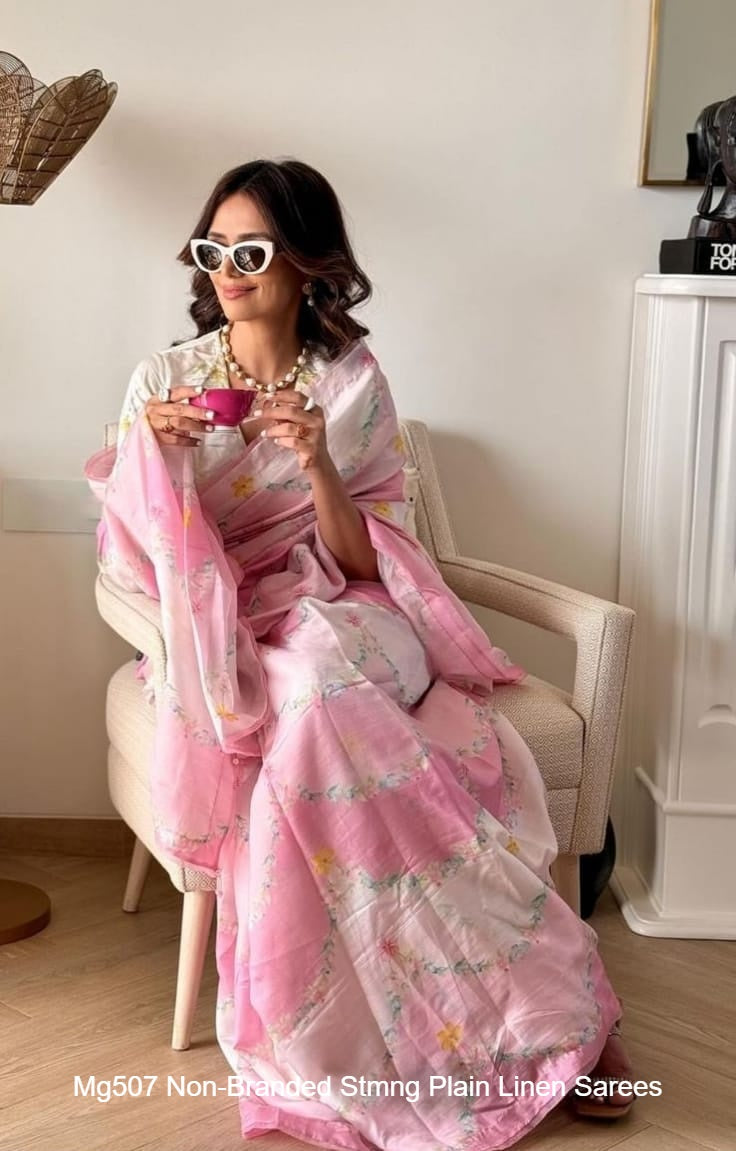 Mg507 Non-Branded Stmng Plain Linen Sarees