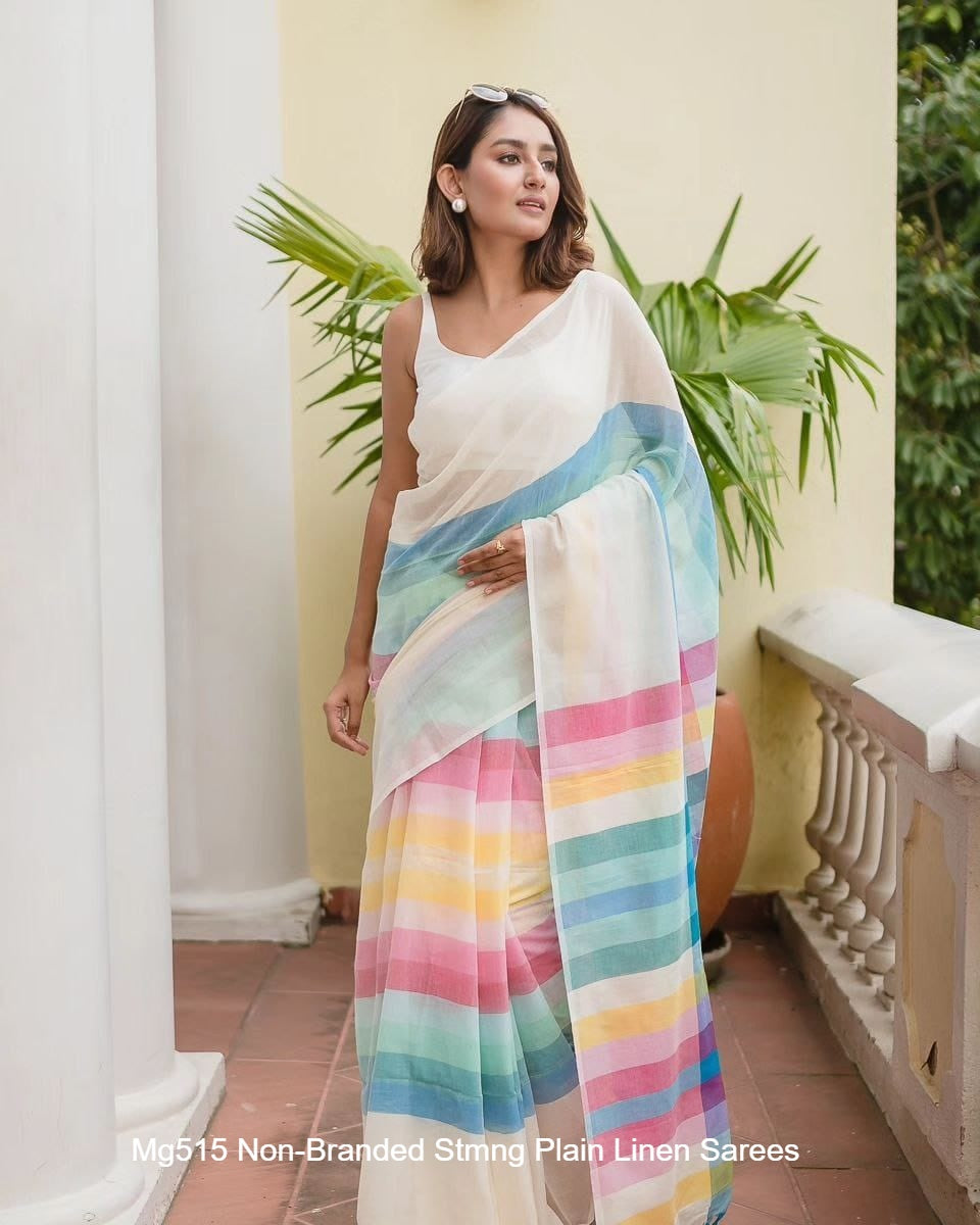 Mg515 Non-Branded Stmng Plain Linen Sarees