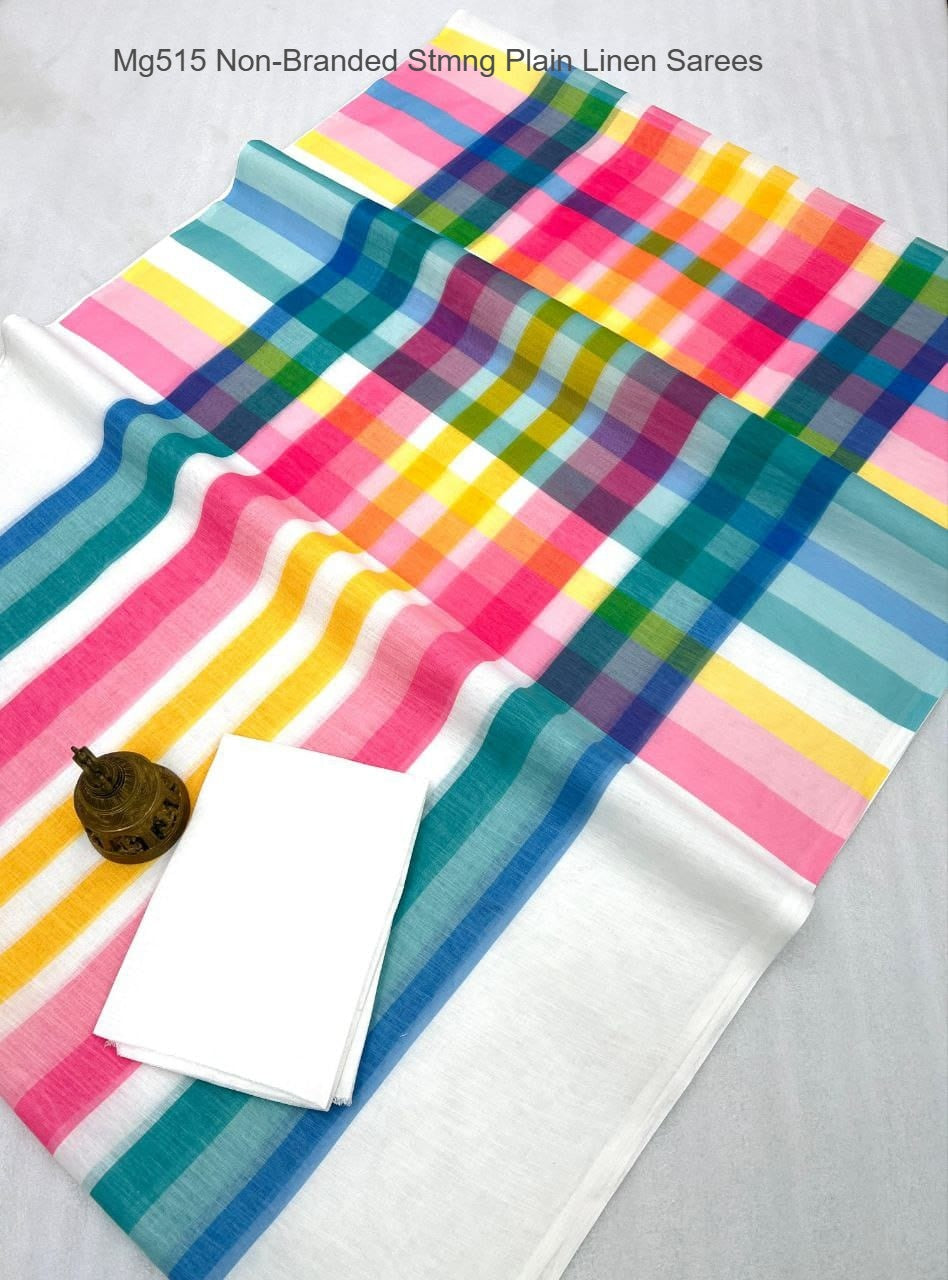 Mg515 Non-Branded Stmng Plain Linen Sarees
