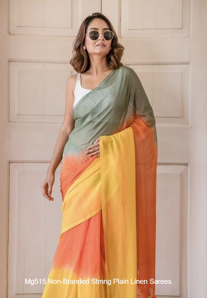 Mg515 Non-Branded Stmng Plain Linen Sarees