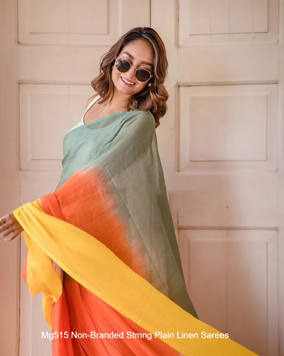 Mg515 Non-Branded Stmng Plain Linen Sarees