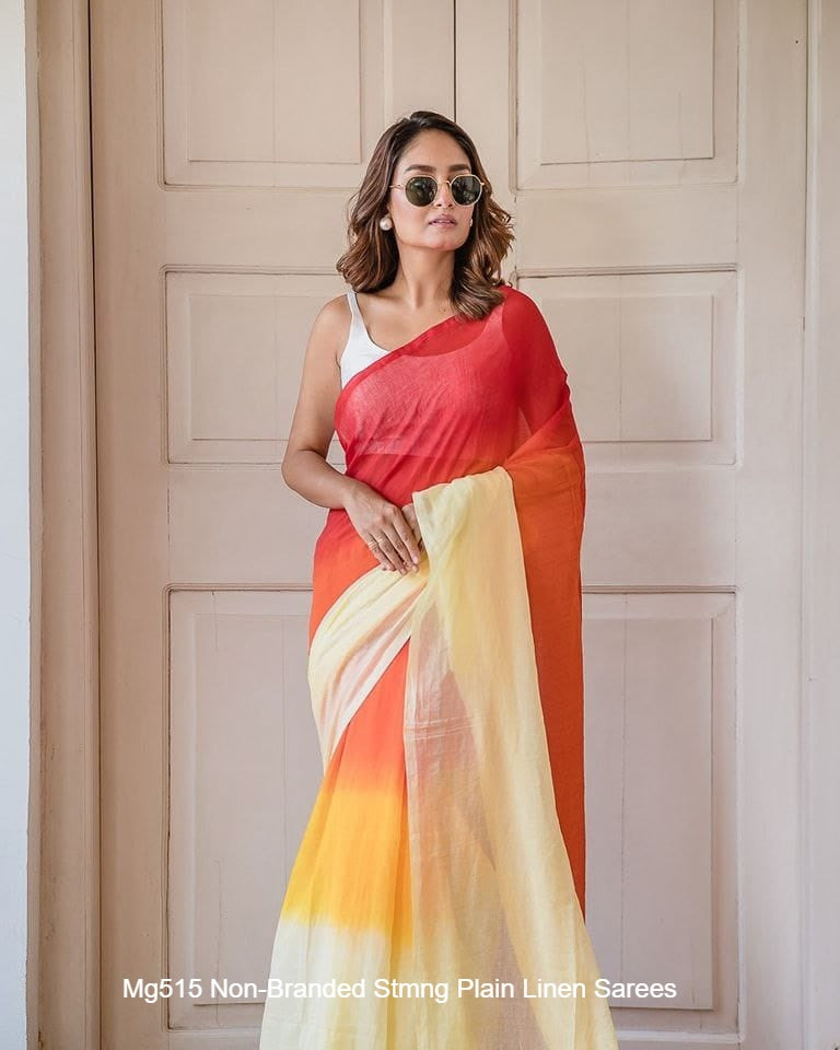 Mg515 Non-Branded Stmng Plain Linen Sarees