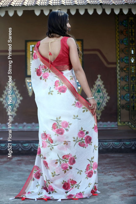 Mg521 Floral White Pink Non-Branded Stmng Printed Sarees