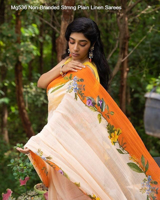 Mg536 Non-Branded Stmng Plain Linen Sarees