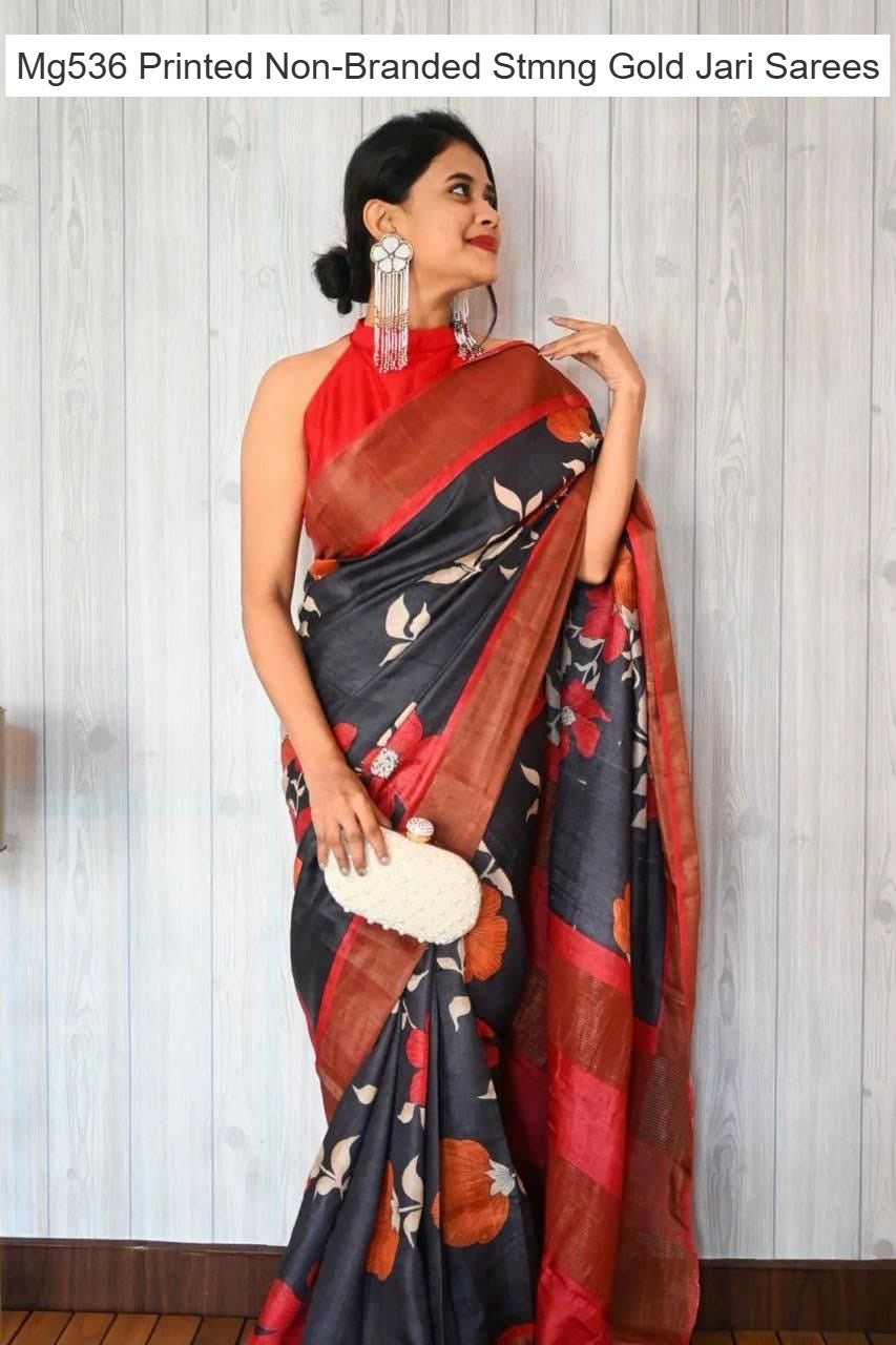 Mg536 Printed Non-Branded Stmng Gold Jari Sarees