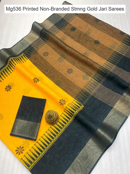 Mg536 Printed Non-Branded Stmng Gold Jari Sarees