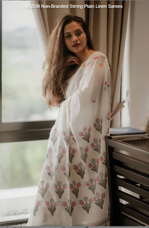 Mg538 Non-Branded Stmng Plain Linen Sarees