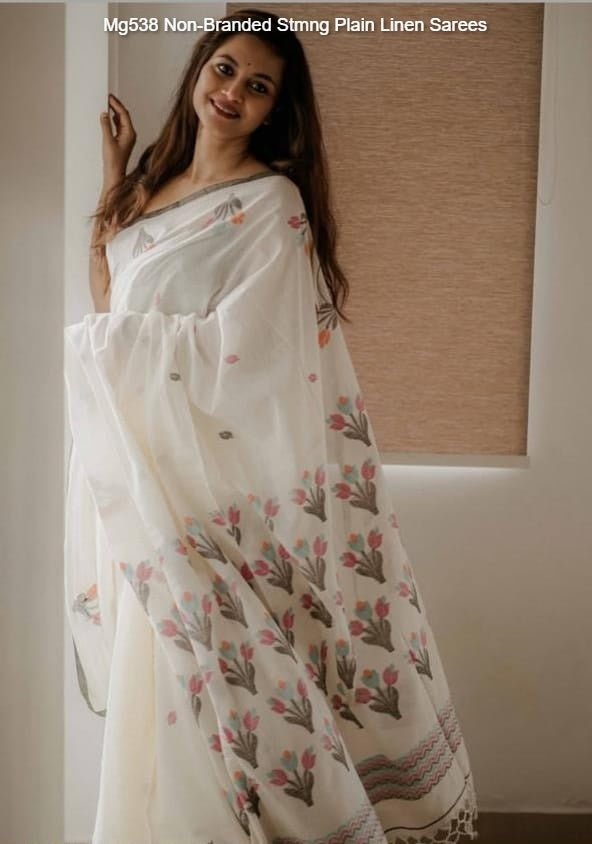 Mg538 Non-Branded Stmng Plain Linen Sarees