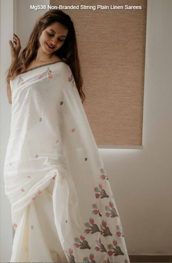 Mg538 Non-Branded Stmng Plain Linen Sarees