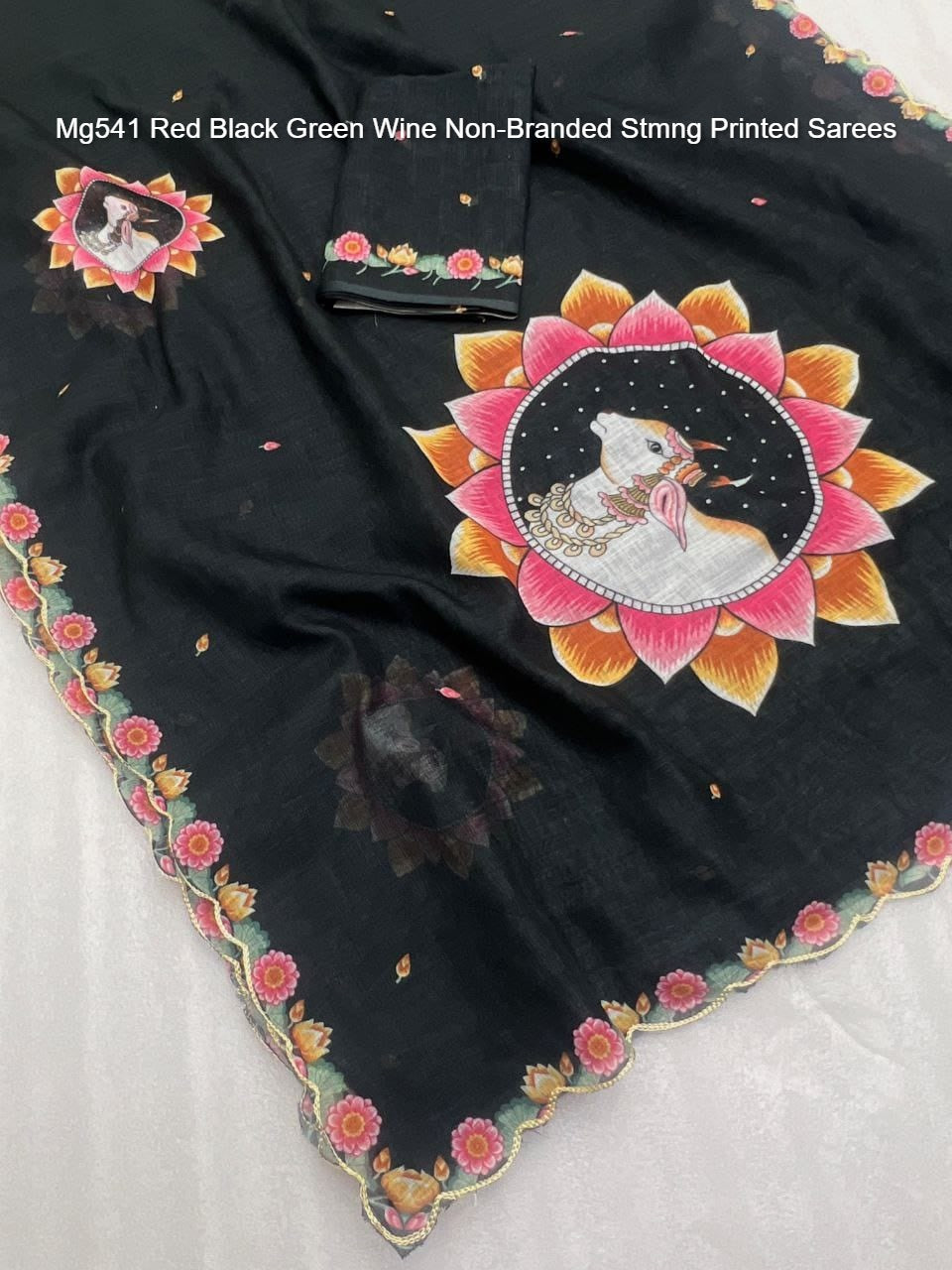 Mg541 Red Black Green Wine Non-Branded Stmng Printed Sarees
