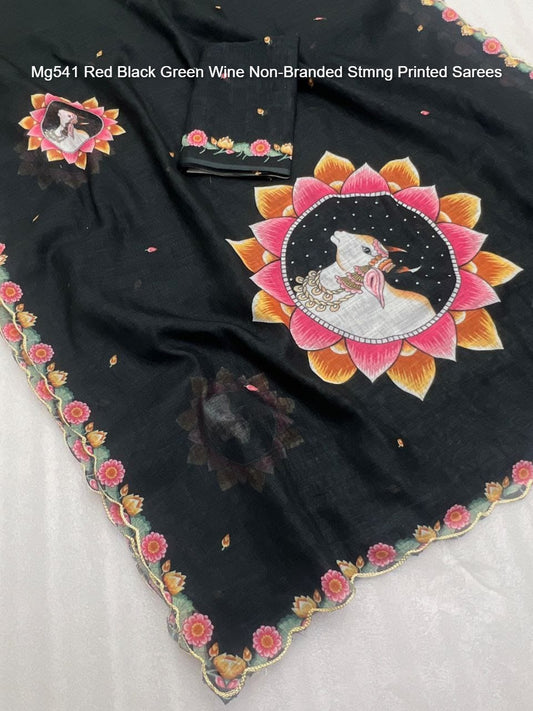 Mg541 Red Black Green Wine Non-Branded Stmng Printed Sarees