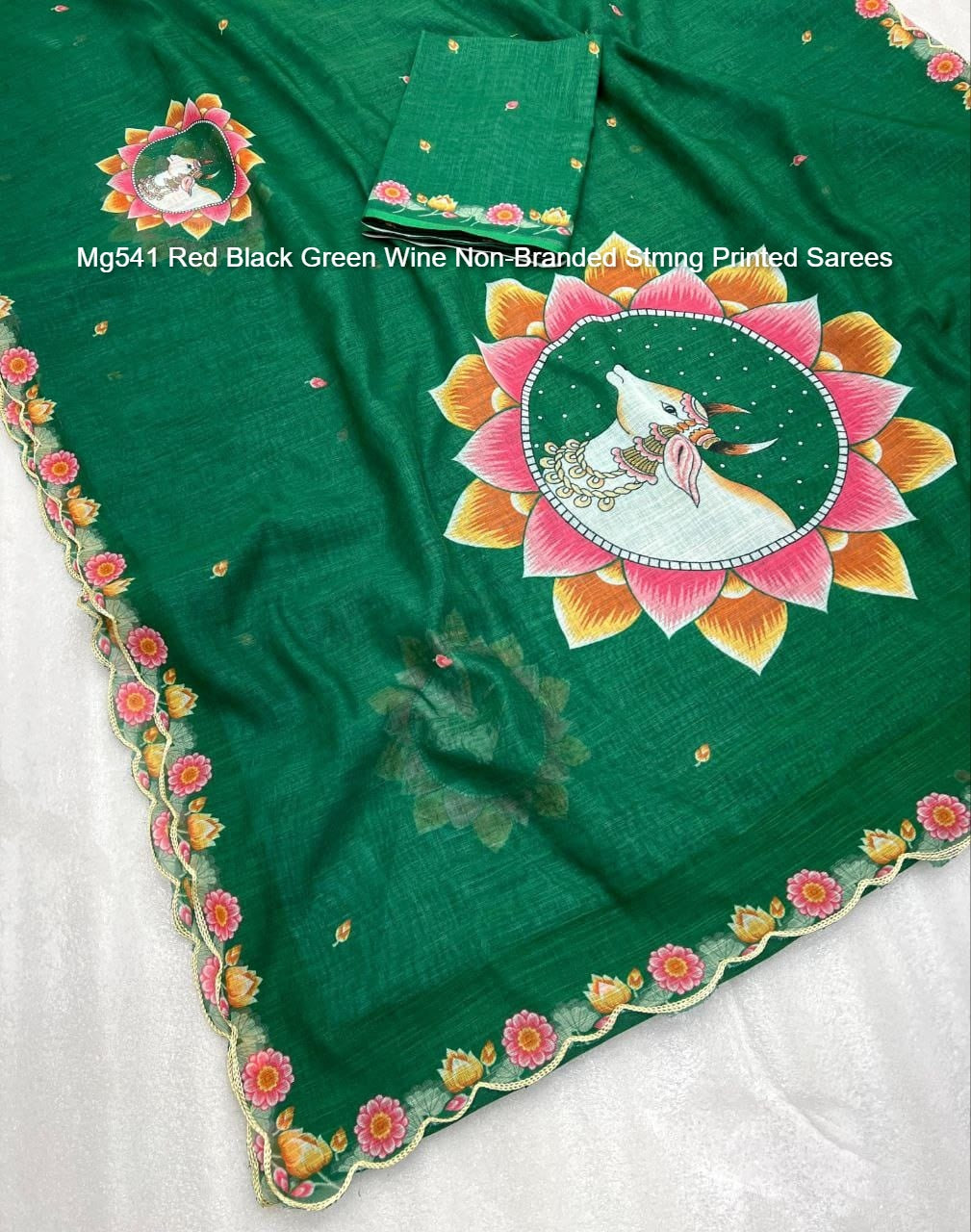 Mg541 Red Black Green Wine Non-Branded Stmng Printed Sarees