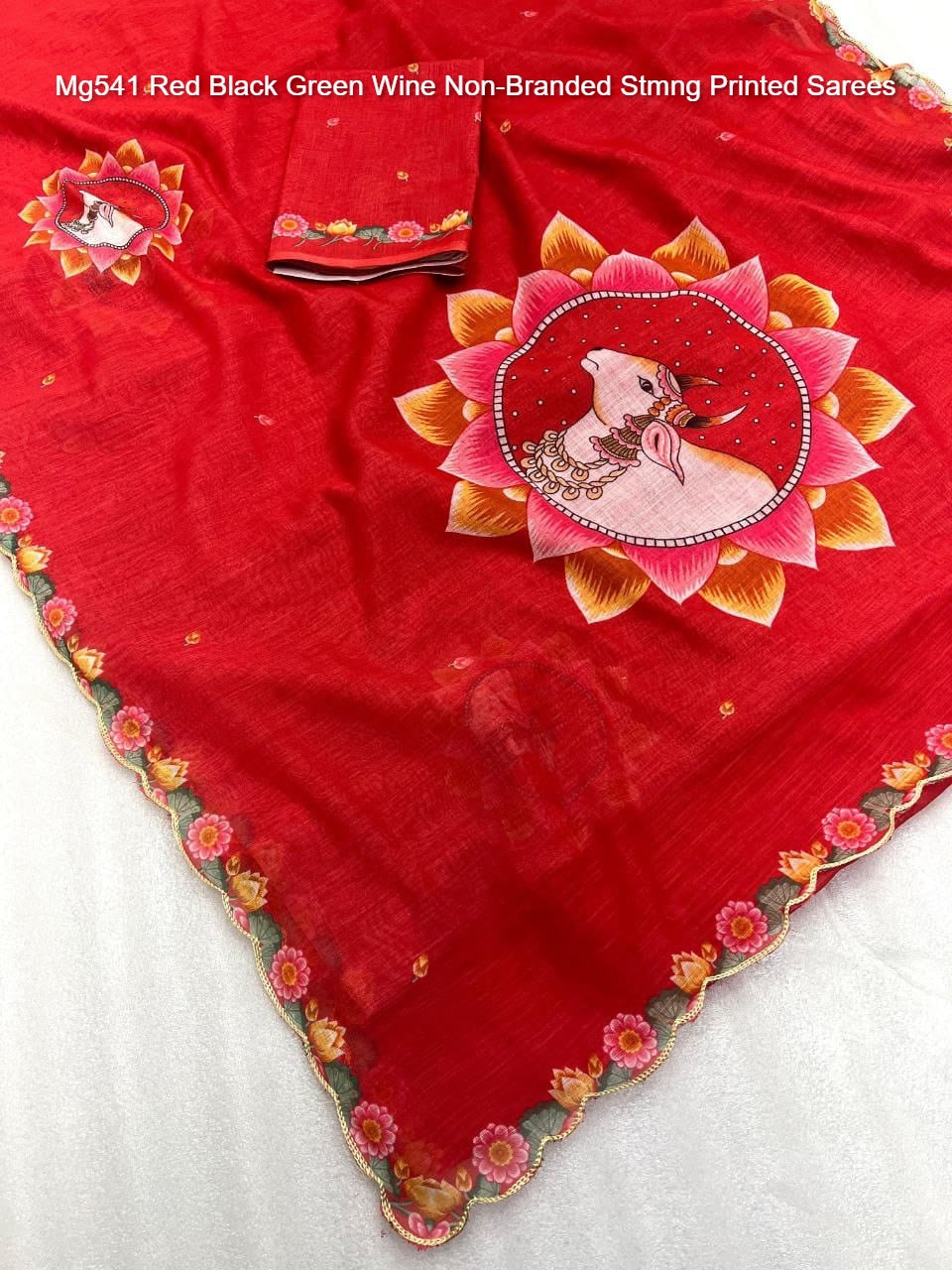 Mg541 Red Black Green Wine Non-Branded Stmng Printed Sarees