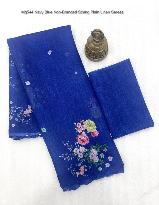 Mg544 Navy Blue Non-Branded Stmng Plain Linen Sarees