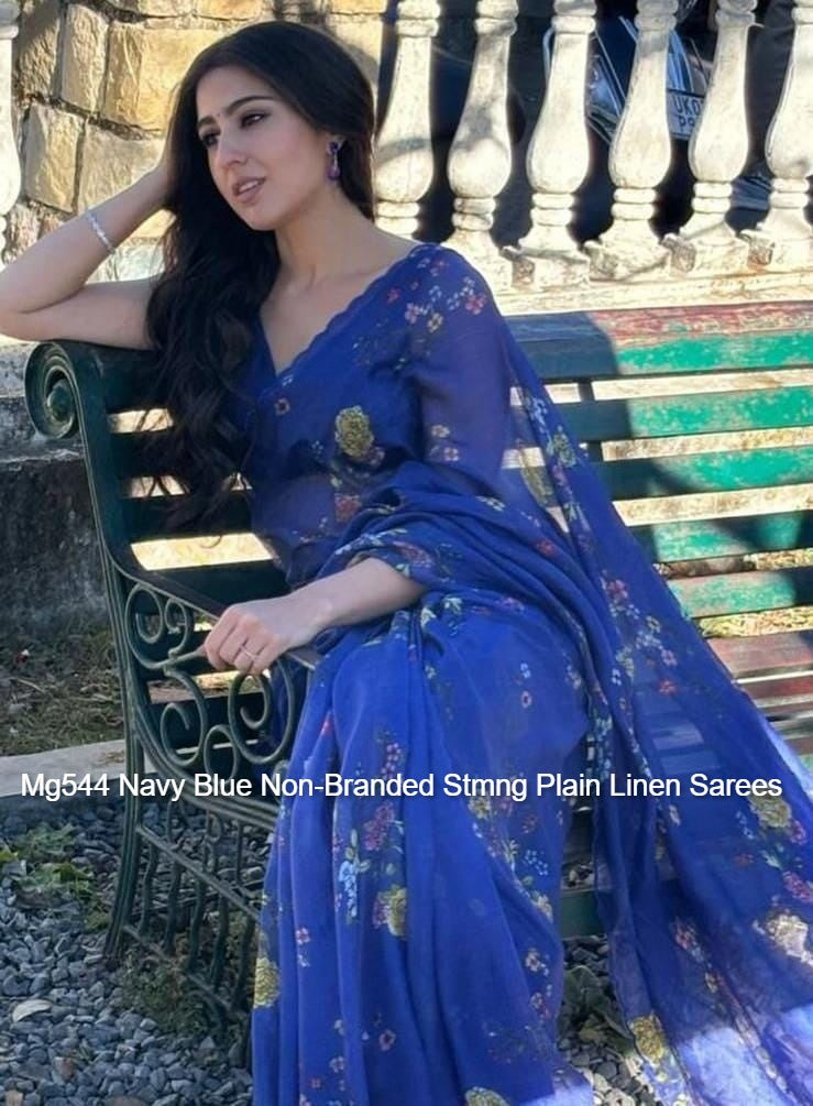 Mg544 Navy Blue Non-Branded Stmng Plain Linen Sarees