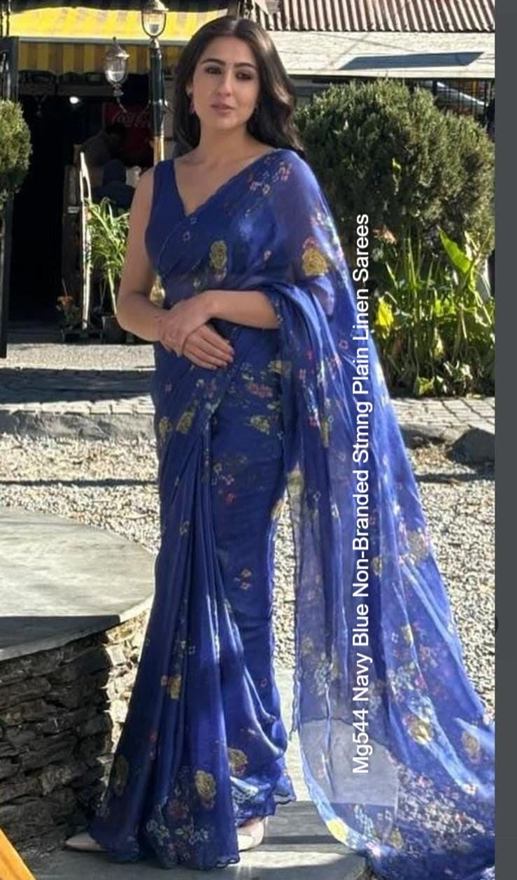 Mg544 Navy Blue Non-Branded Stmng Plain Linen Sarees