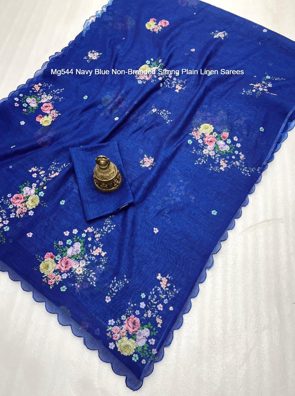 Mg544 Navy Blue Non-Branded Stmng Plain Linen Sarees