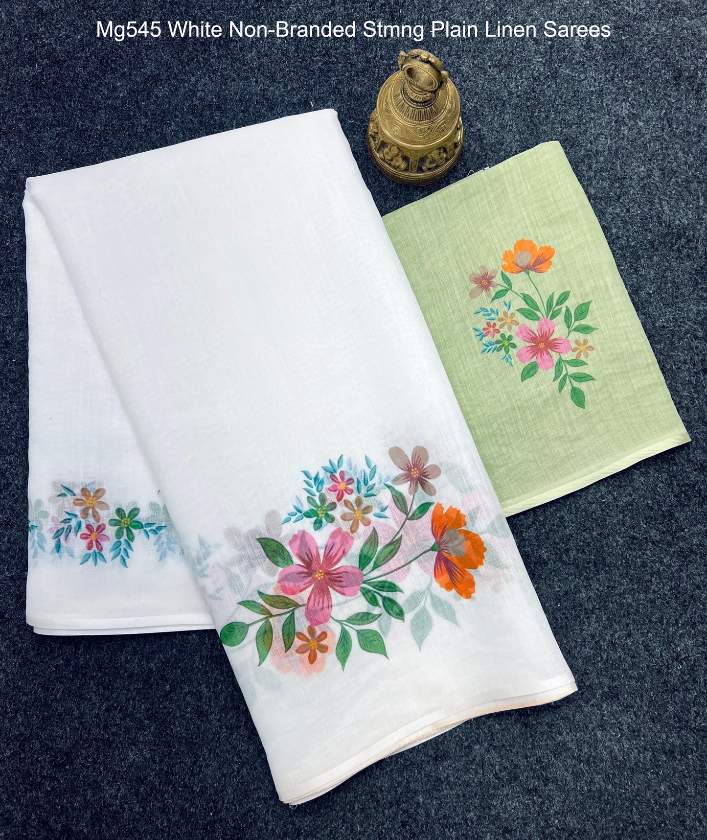 Mg545 White Non-Branded Stmng Plain Linen Sarees