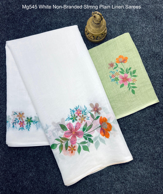 Mg545 White Non-Branded Stmng Plain Linen Sarees