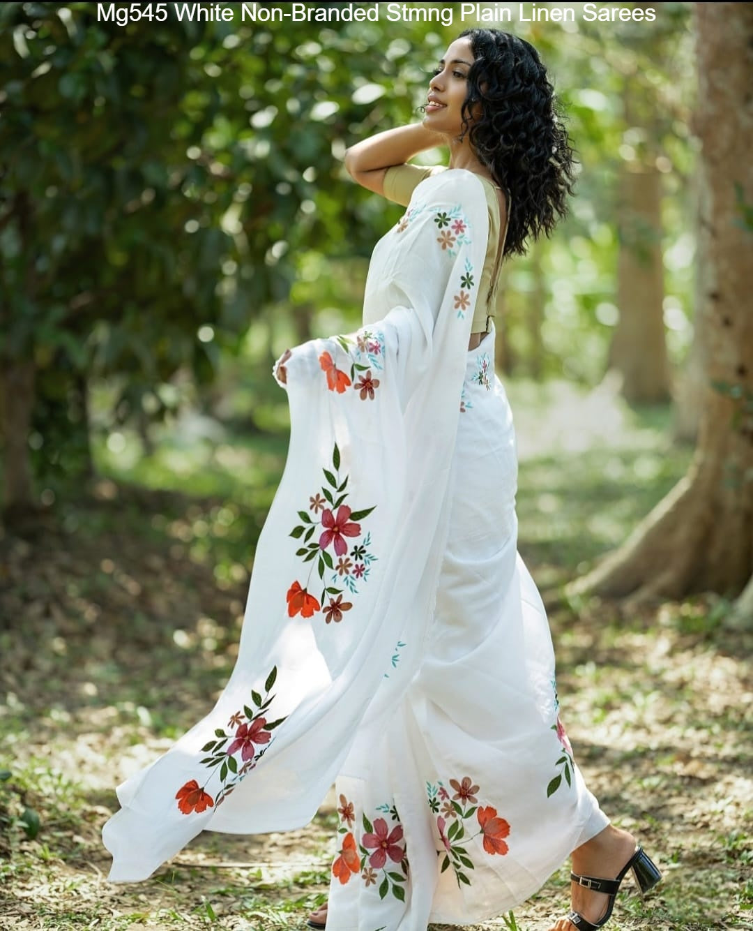 Mg545 White Non-Branded Stmng Plain Linen Sarees