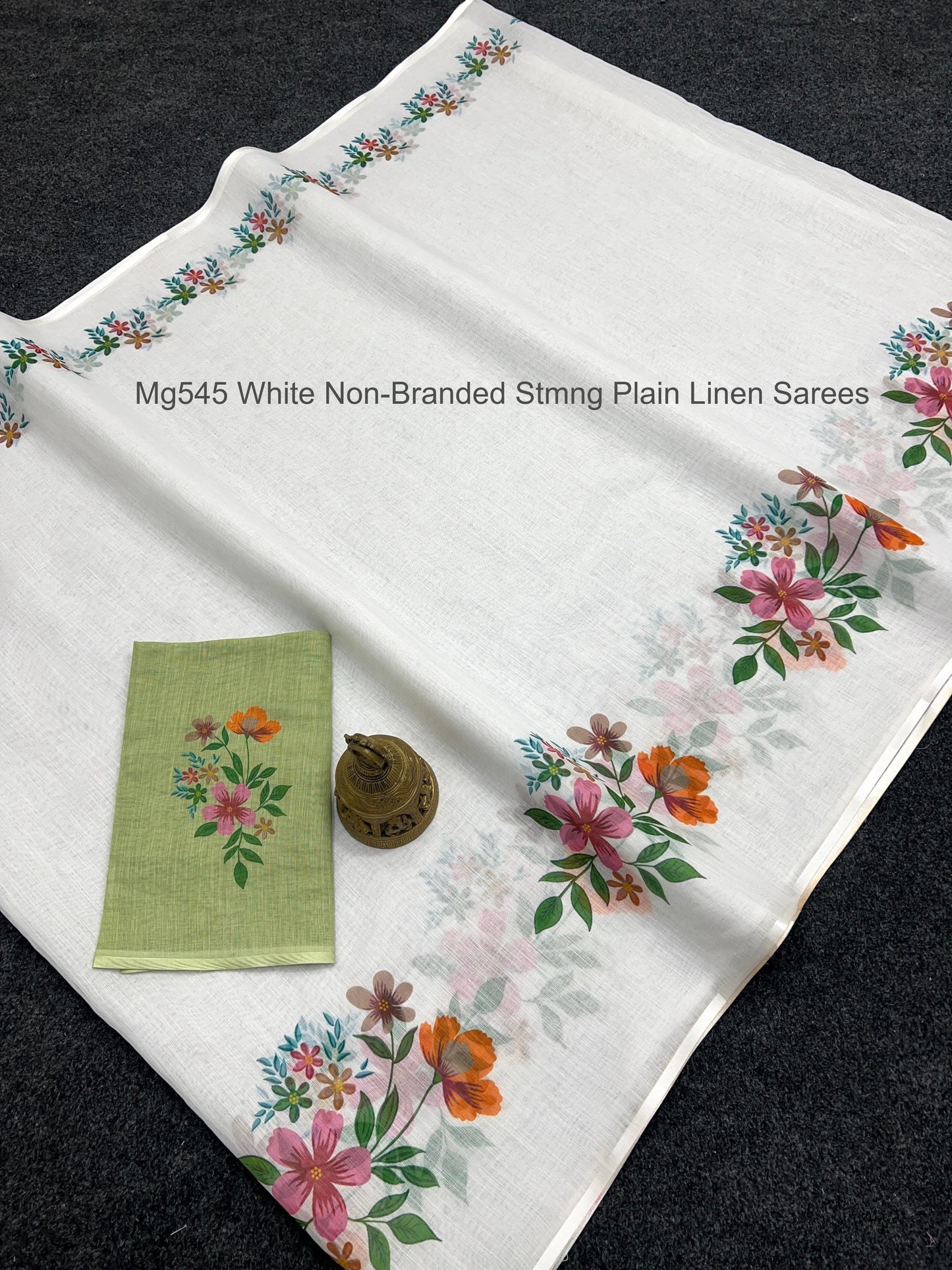 Mg545 White Non-Branded Stmng Plain Linen Sarees