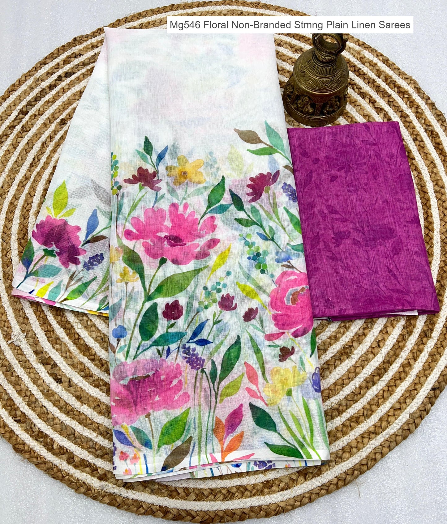 Mg546 Floral Non-Branded Stmng Plain Linen Sarees