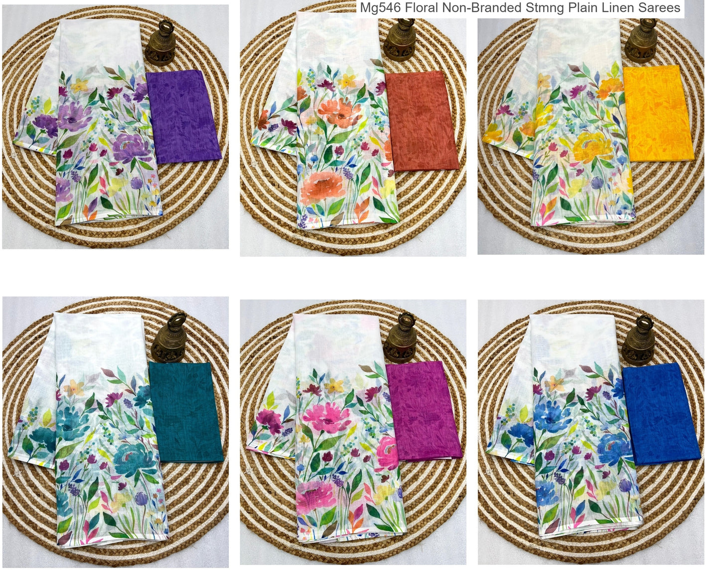 Mg546 Floral Non-Branded Stmng Plain Linen Sarees