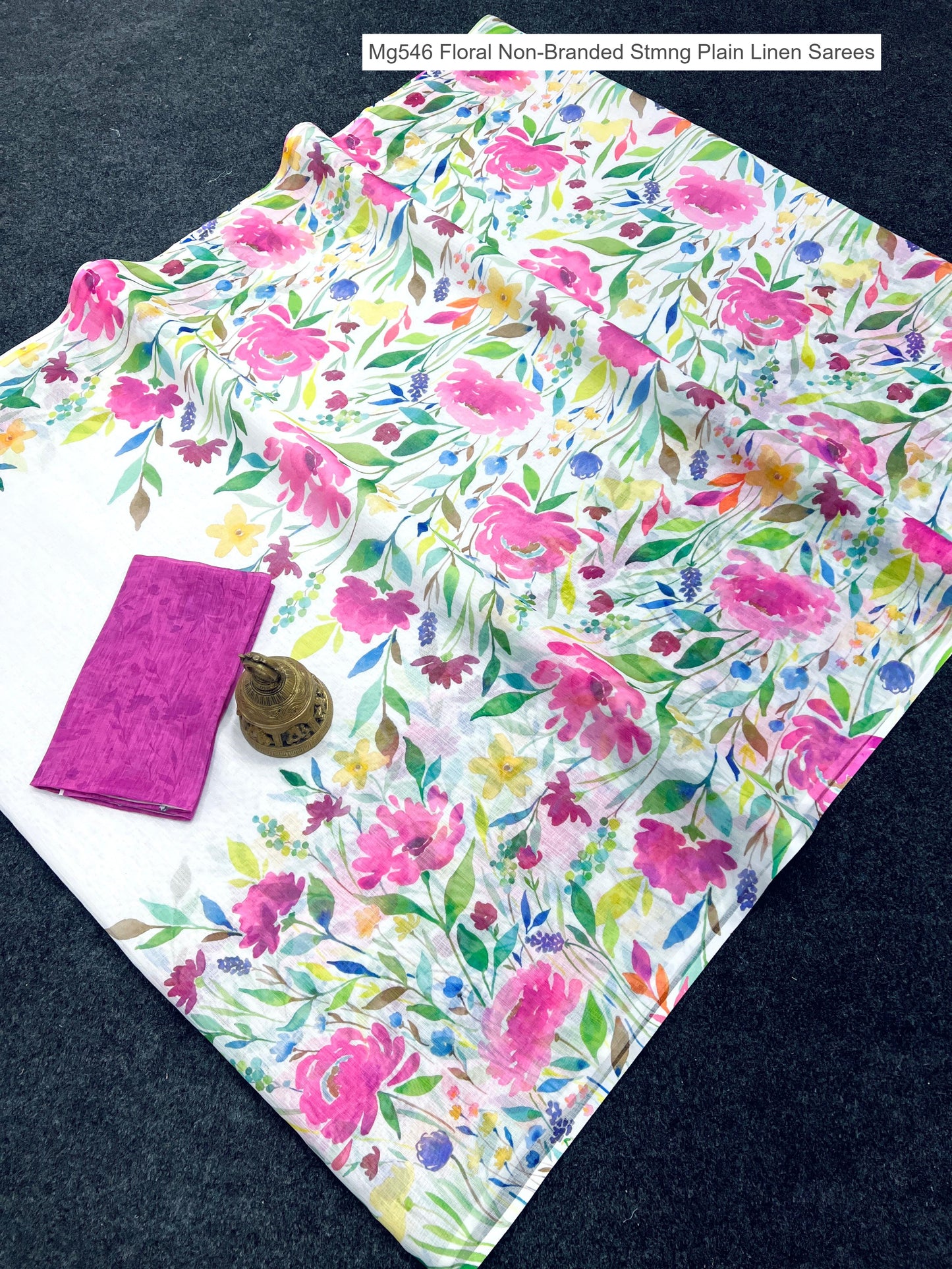 Mg546 Floral Non-Branded Stmng Plain Linen Sarees