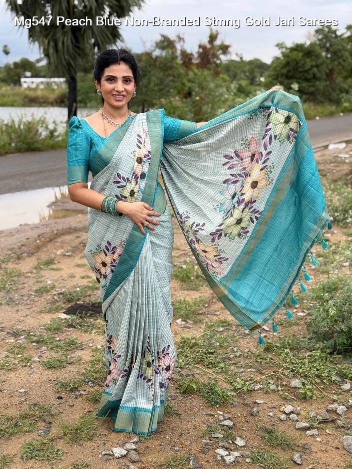 Mg547 Peach Blue Non-Branded Stmng Gold Jari Sarees