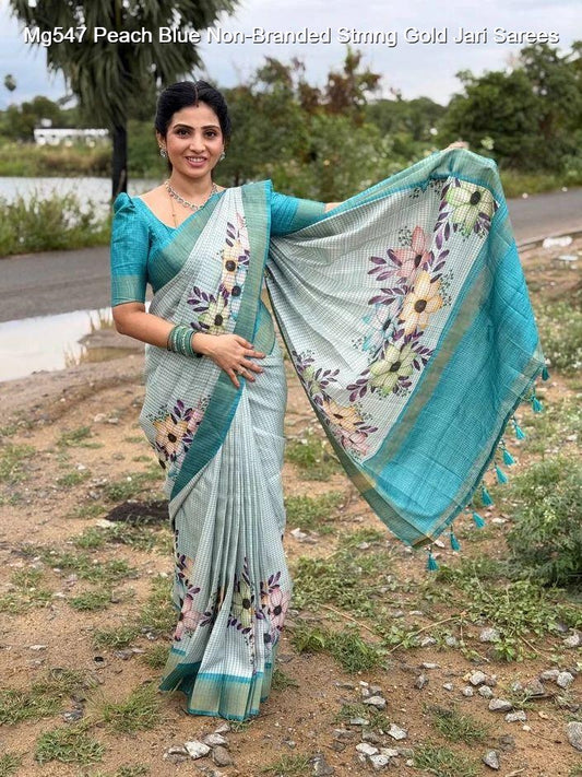 Mg547 Peach Blue Non-Branded Stmng Gold Jari Sarees