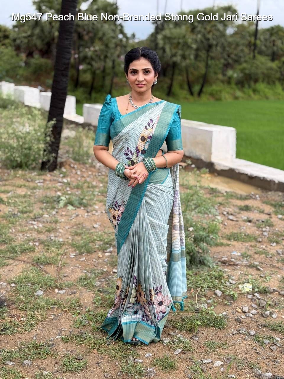 Mg547 Peach Blue Non-Branded Stmng Gold Jari Sarees