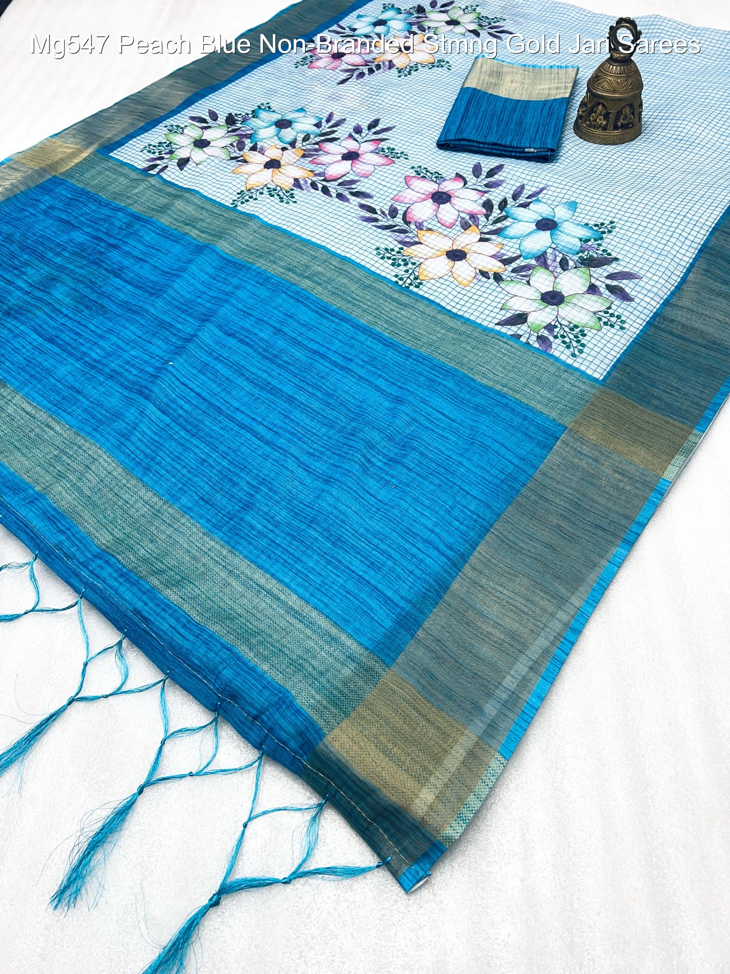 Mg547 Peach Blue Non-Branded Stmng Gold Jari Sarees