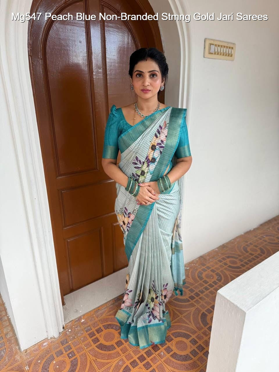 Mg547 Peach Blue Non-Branded Stmng Gold Jari Sarees