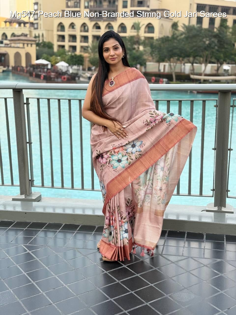 Mg547 Peach Blue Non-Branded Stmng Gold Jari Sarees