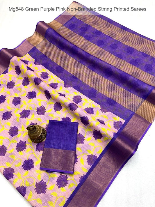 Mg548 Green Purple Pink Non-Branded Stmng Printed Sarees