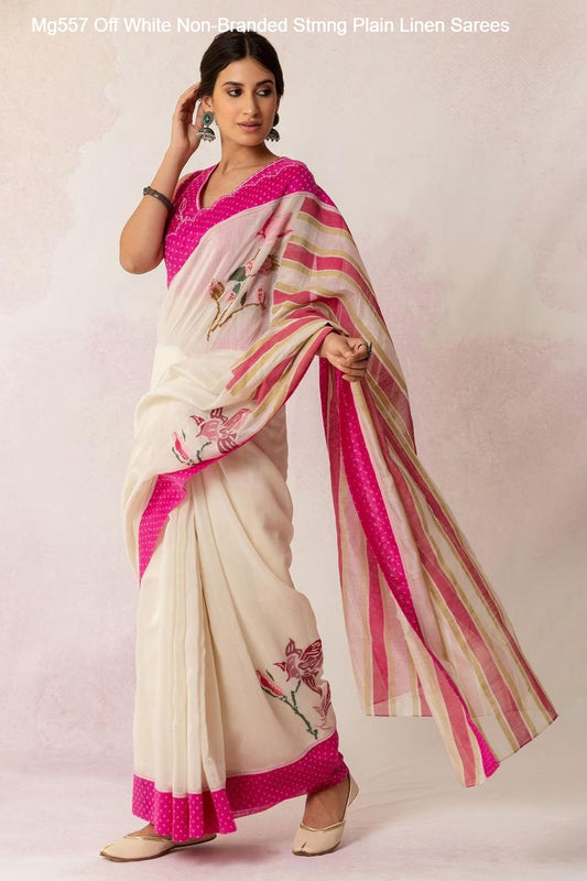 Mg557 Off White Non-Branded Stmng Plain Linen Sarees