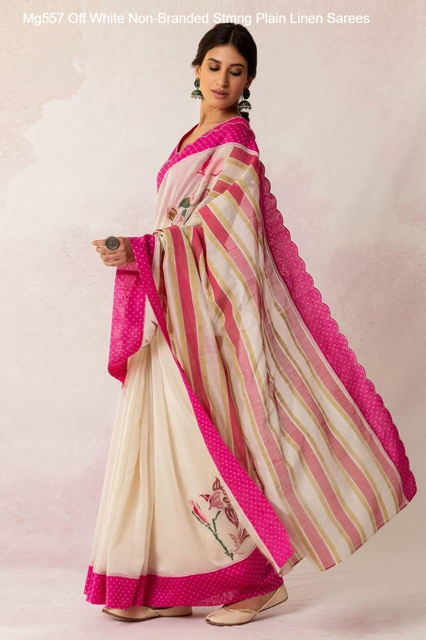 Mg557 Off White Non-Branded Stmng Plain Linen Sarees
