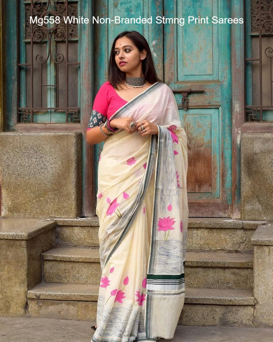 Mg558 White Non-Branded Stmng Print Sarees