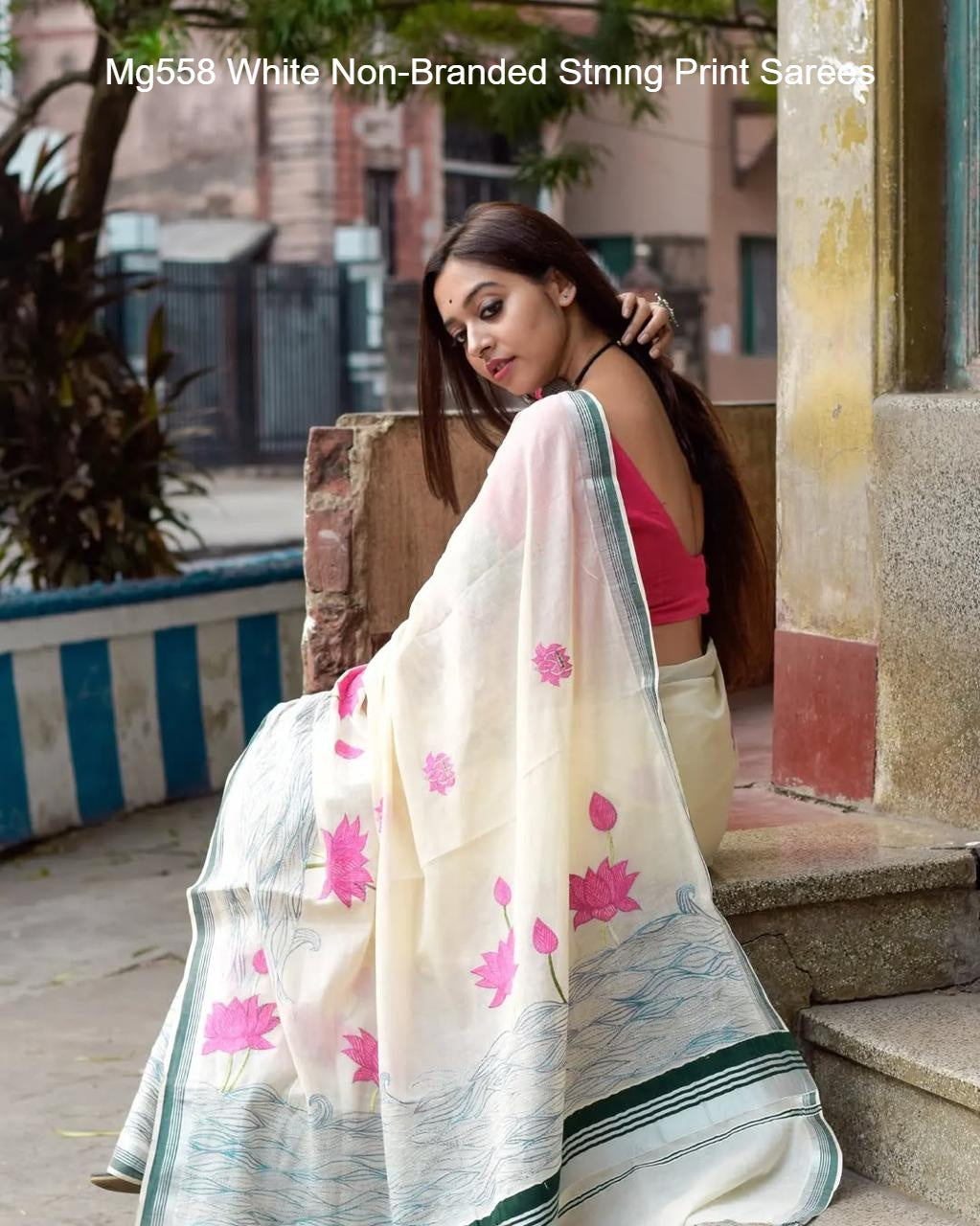 Mg558 White Non-Branded Stmng Print Sarees