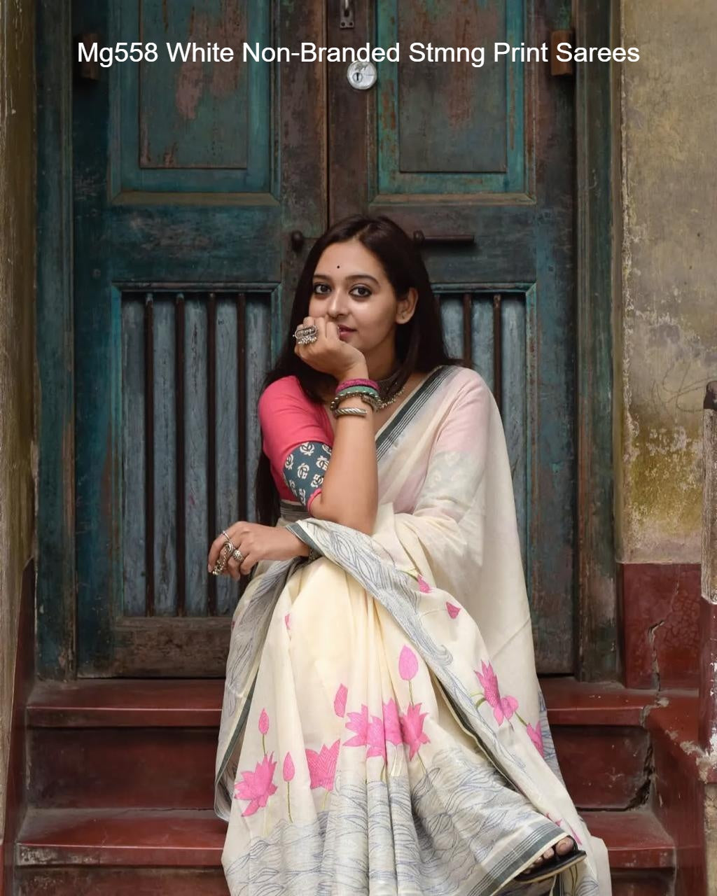 Mg558 White Non-Branded Stmng Print Sarees