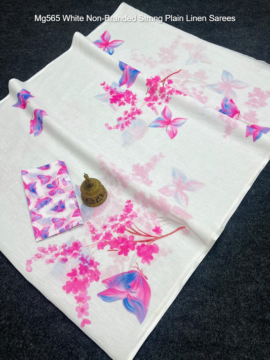 Mg565 White Non-Branded Stmng Plain Linen Sarees