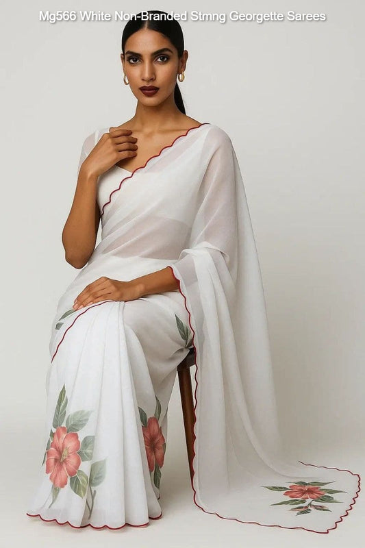 Mg566 White Non-Branded Stmng Georgette Sarees