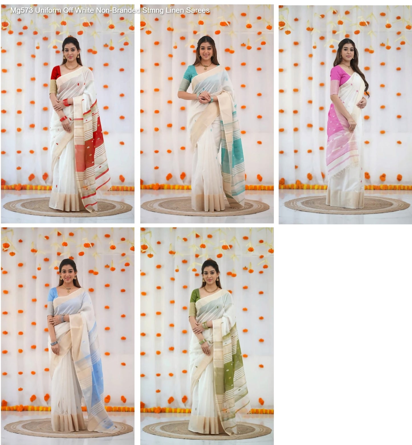 Mg573 Uniform Off White Non-Branded Stmng Linen Sarees