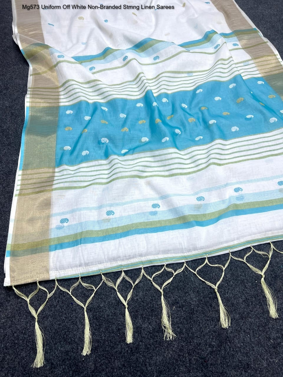 Mg573 Uniform Off White Non-Branded Stmng Linen Sarees