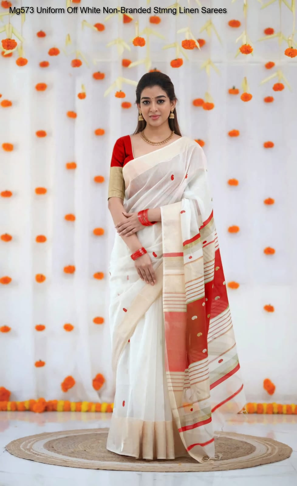 Mg573 Uniform Off White Non-Branded Stmng Linen Sarees