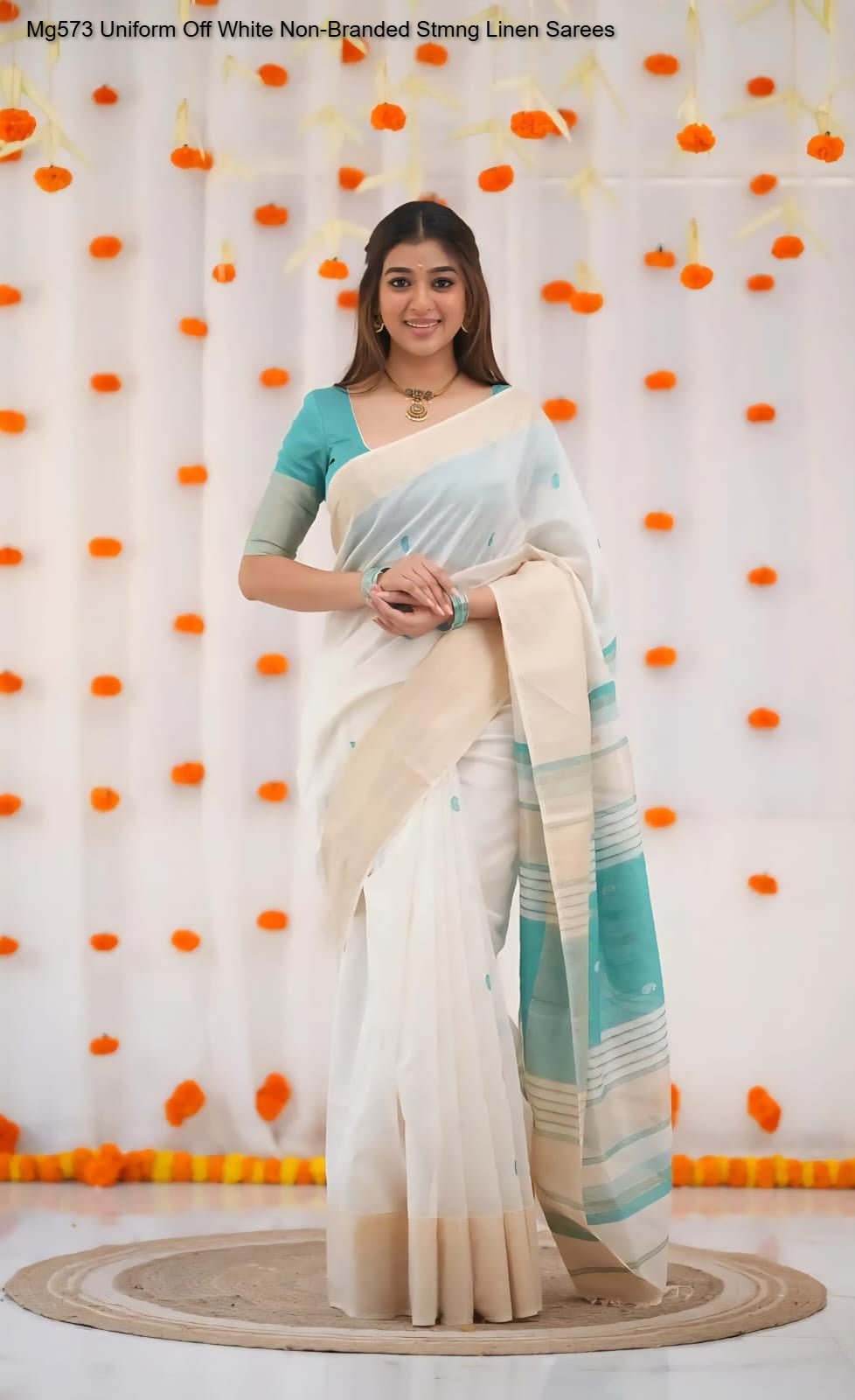 Mg573 Uniform Off White Non-Branded Stmng Linen Sarees