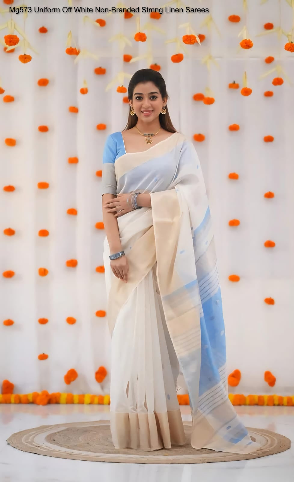 Mg573 Uniform Off White Non-Branded Stmng Linen Sarees
