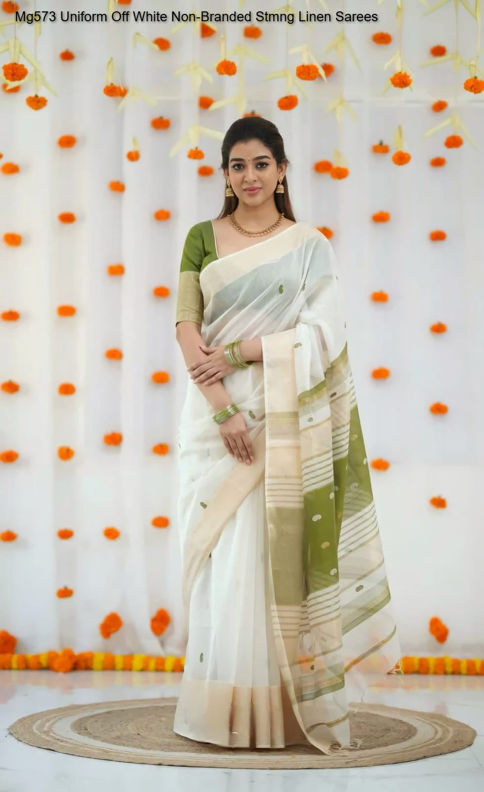 Mg573 Uniform Off White Non-Branded Stmng Linen Sarees